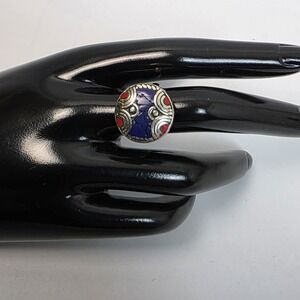 Tibetan Handmade Lapis & Red Coral Gemstone Ring Size 8 Boho Style #888